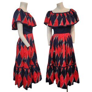 Vintage Mignon Dress 70s 80s Festive Party Retro Red Blue Vtg Diamond Print XS/S